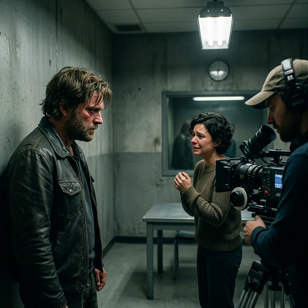Actors engaged in a tense conversation on a film set with camera and lighting crew working